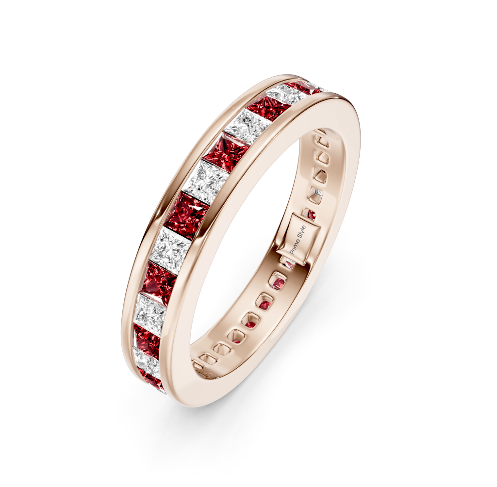 1.60 CT Princess Cut Rubies and Diamonds - Eternity Rings