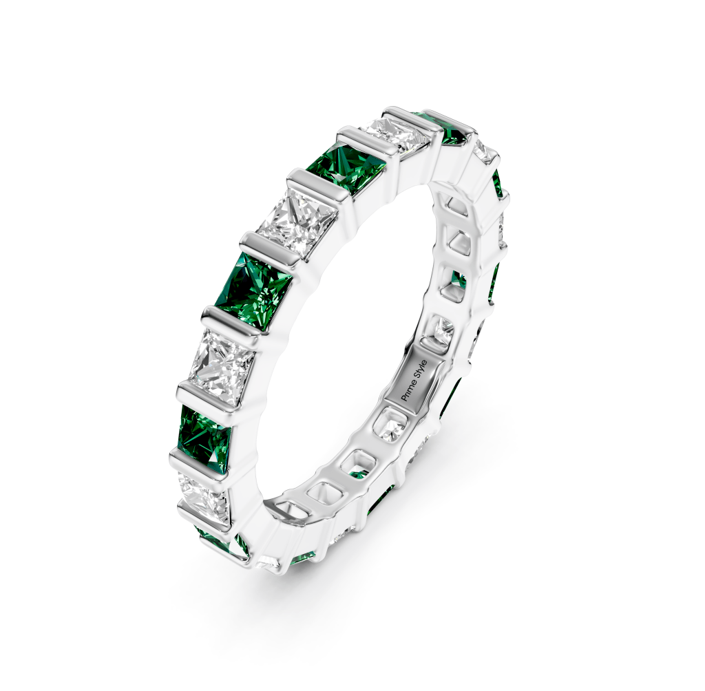 2.50 CT Princess Cut Green Emeralds and Diamonds - Eternity Rings