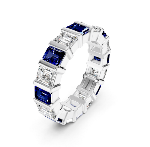 5.50 CT Emerald Cut Blue Sapphires and Diamonds - Eternity Rings