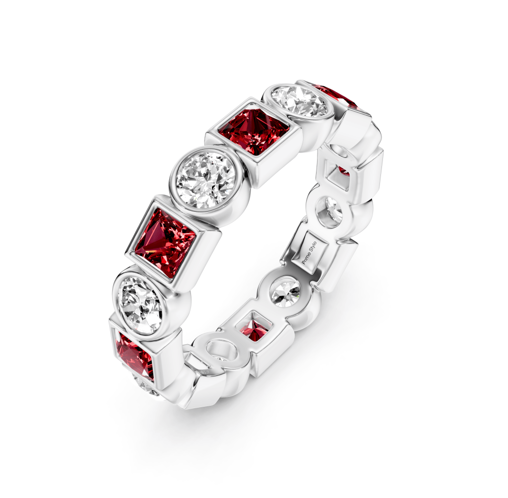 1.50 CT Princess &amp; Round Cut Rubies and Diamonds - Eternity Rings - Primestyle.com