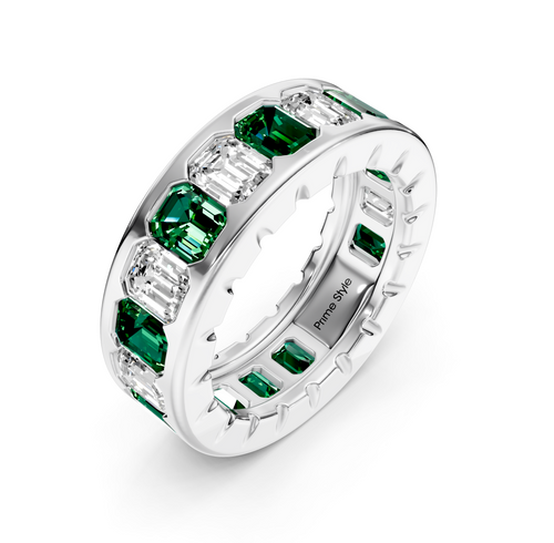 5.20 CT Emerald Cut Green Emeralds and Diamonds - Eternity Rings