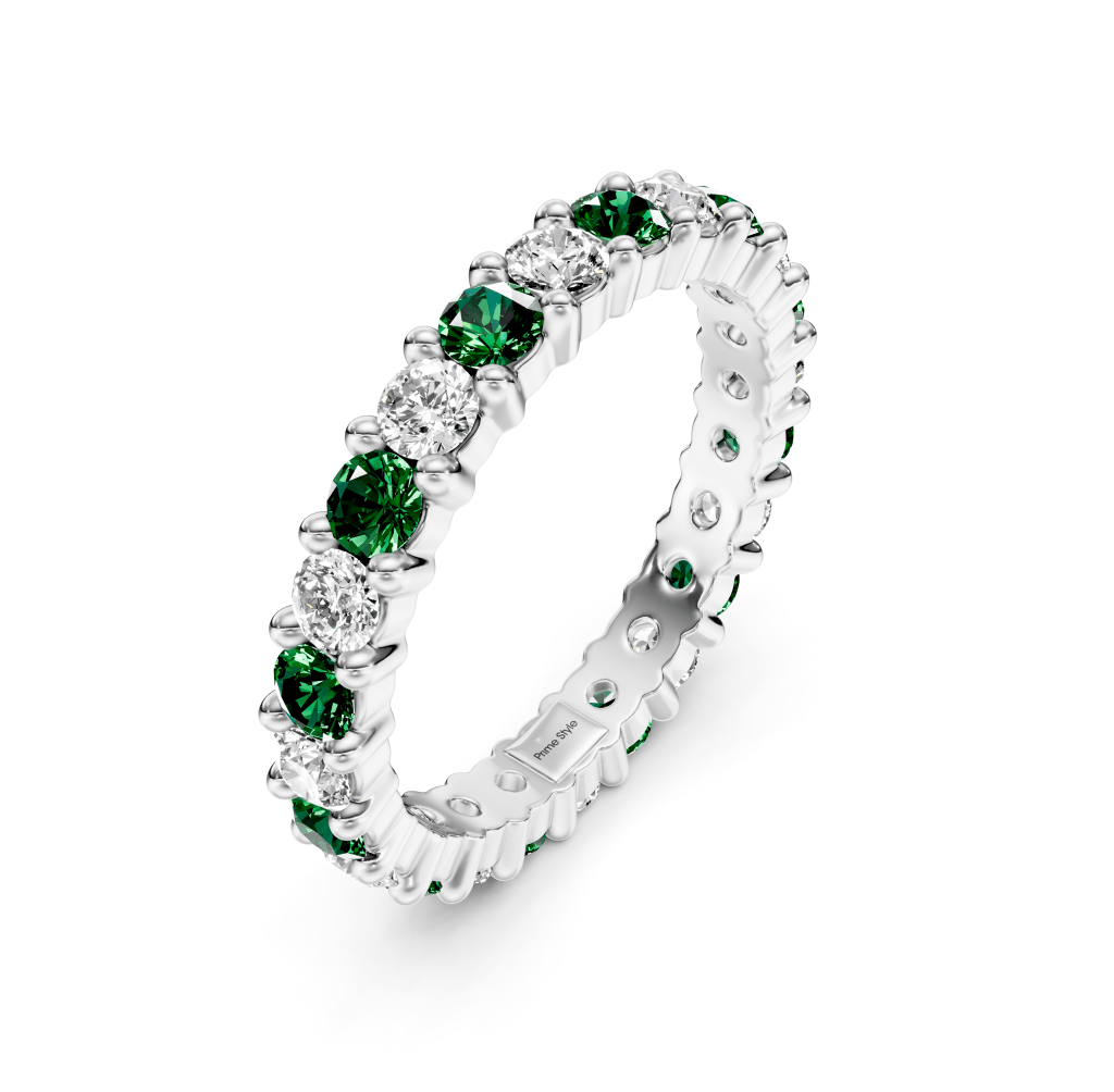 1.50 CT Round Cut Green Emeralds and Diamonds - Eternity Rings - Primestyle.com