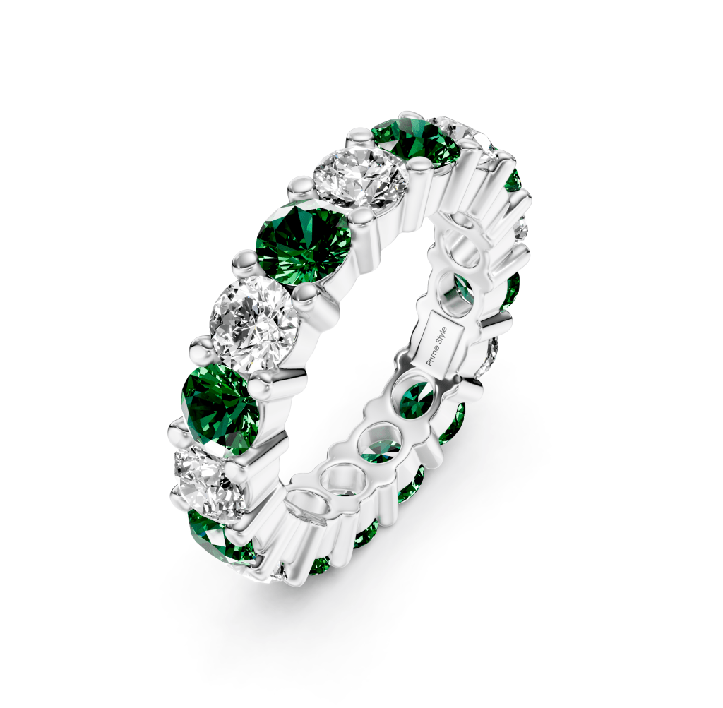 4.10 CT Round Cut Green Emeralds and Diamonds - Eternity Rings