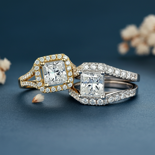 Alluring Princess and Round Cut Diamond Halo Rings