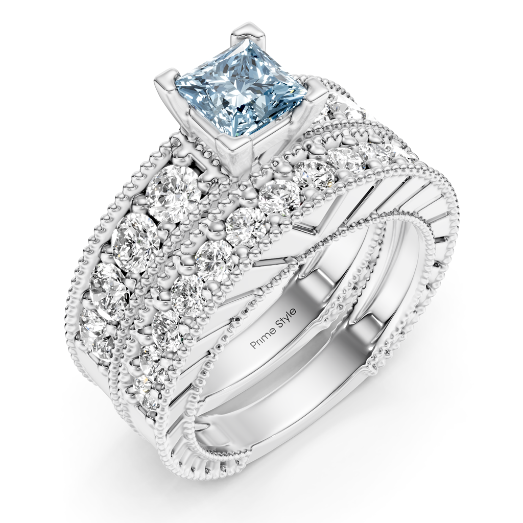 2.45-5.45 CT Princess &amp; Round Cut Fancy Blue Diamonds - Bridal Set