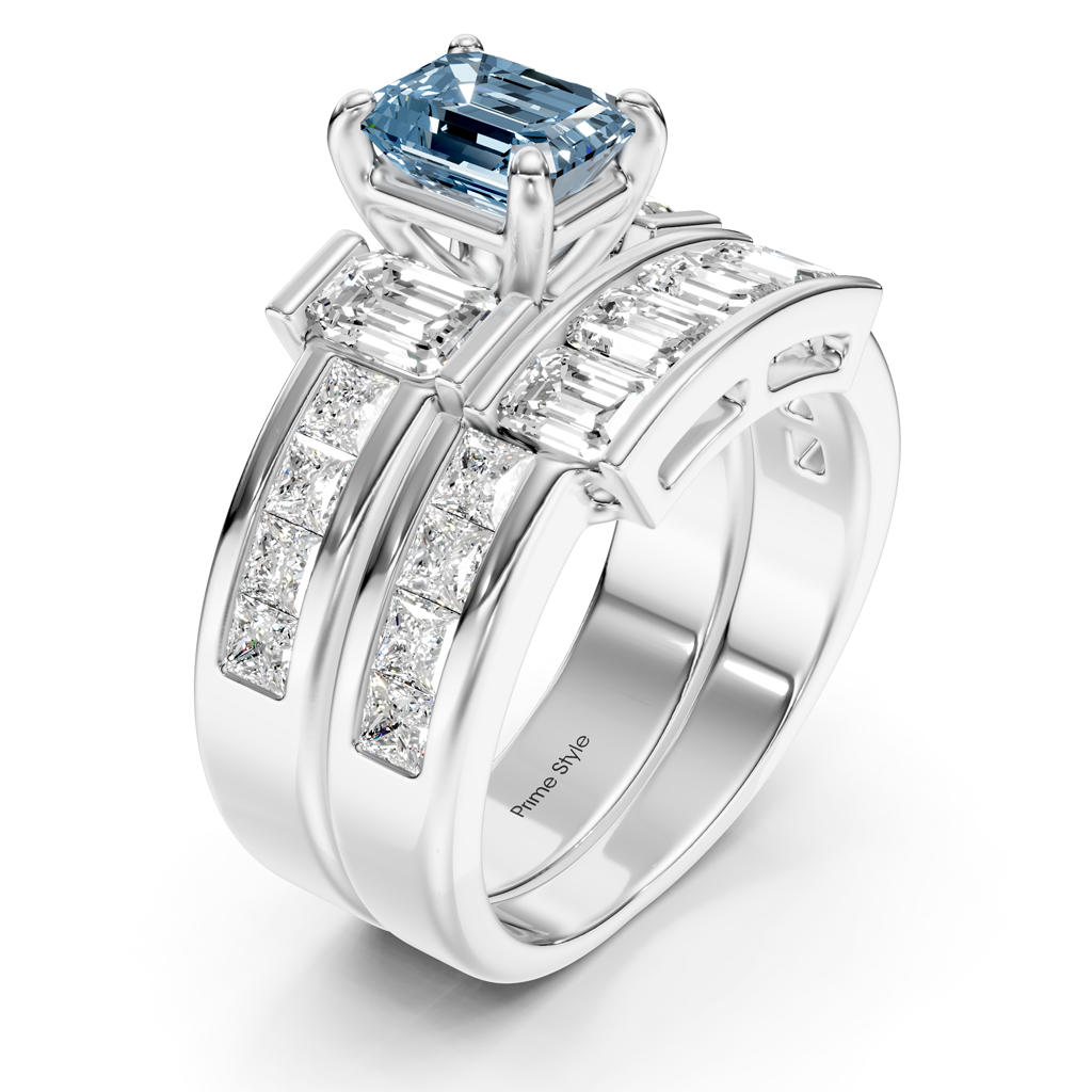 3.70-6.70 CT Emerald &amp; Princess Cut Fancy Blue Diamonds - Bridal Set