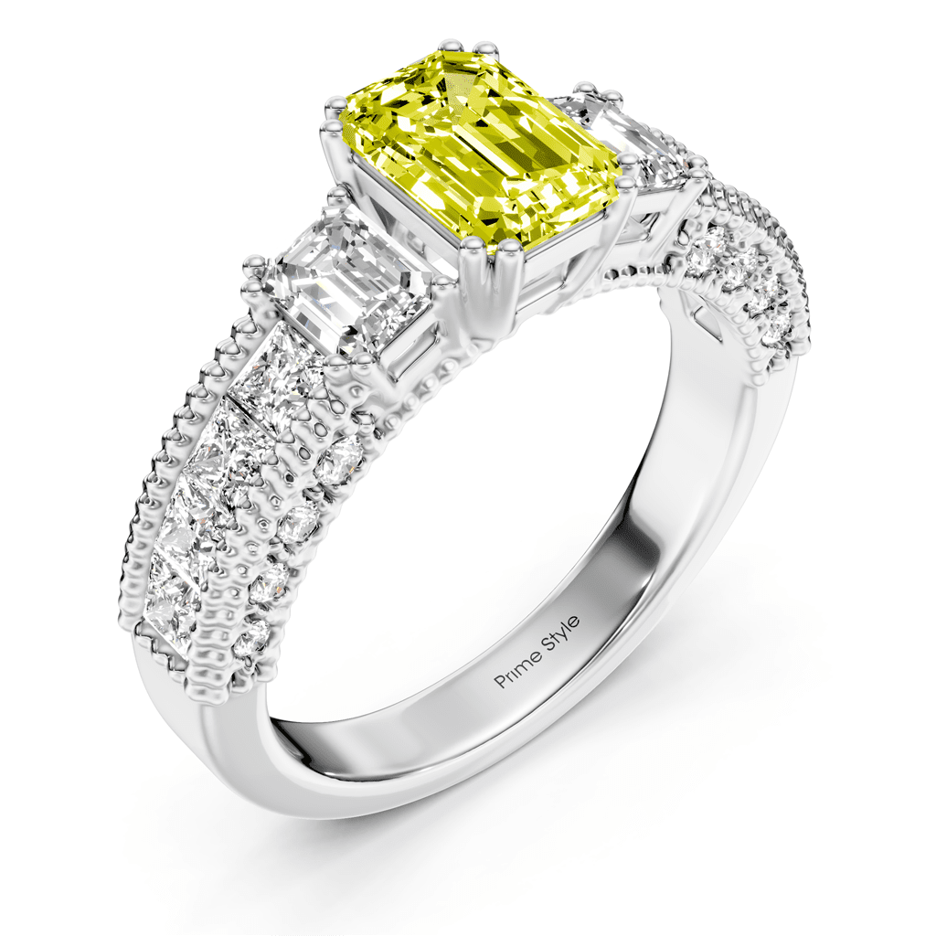 2.60-5.60 CT Emerald & Princess & Round Cut Fancy Yellow Diamonds - Engagement Ring