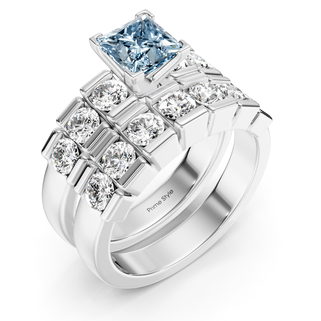 2.85-5.85 CT Princess &amp; Round Cut Fancy Blue Diamonds - Bridal Set