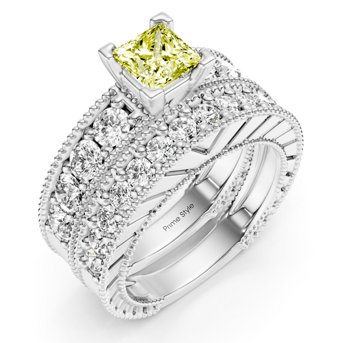2.45-5.45 CT Princess & Round Cut Fancy Yellow Diamonds - Bridal Set