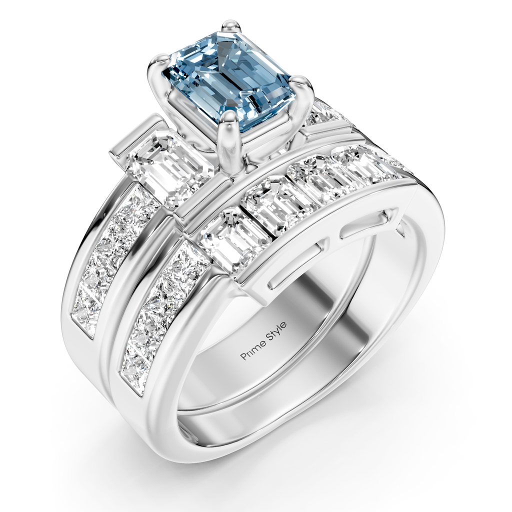 3.70-6.70 CT Emerald &amp; Princess Cut Fancy Blue Diamonds - Bridal Set