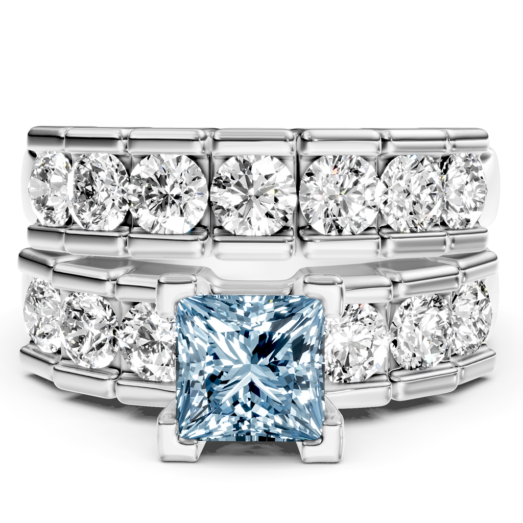 2.85-5.85 CT Princess &amp; Round Cut Fancy Blue Diamonds - Bridal Set