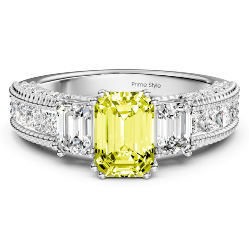 2.60-5.60 CT Emerald & Princess & Round Cut Fancy Yellow Diamonds - Engagement Ring