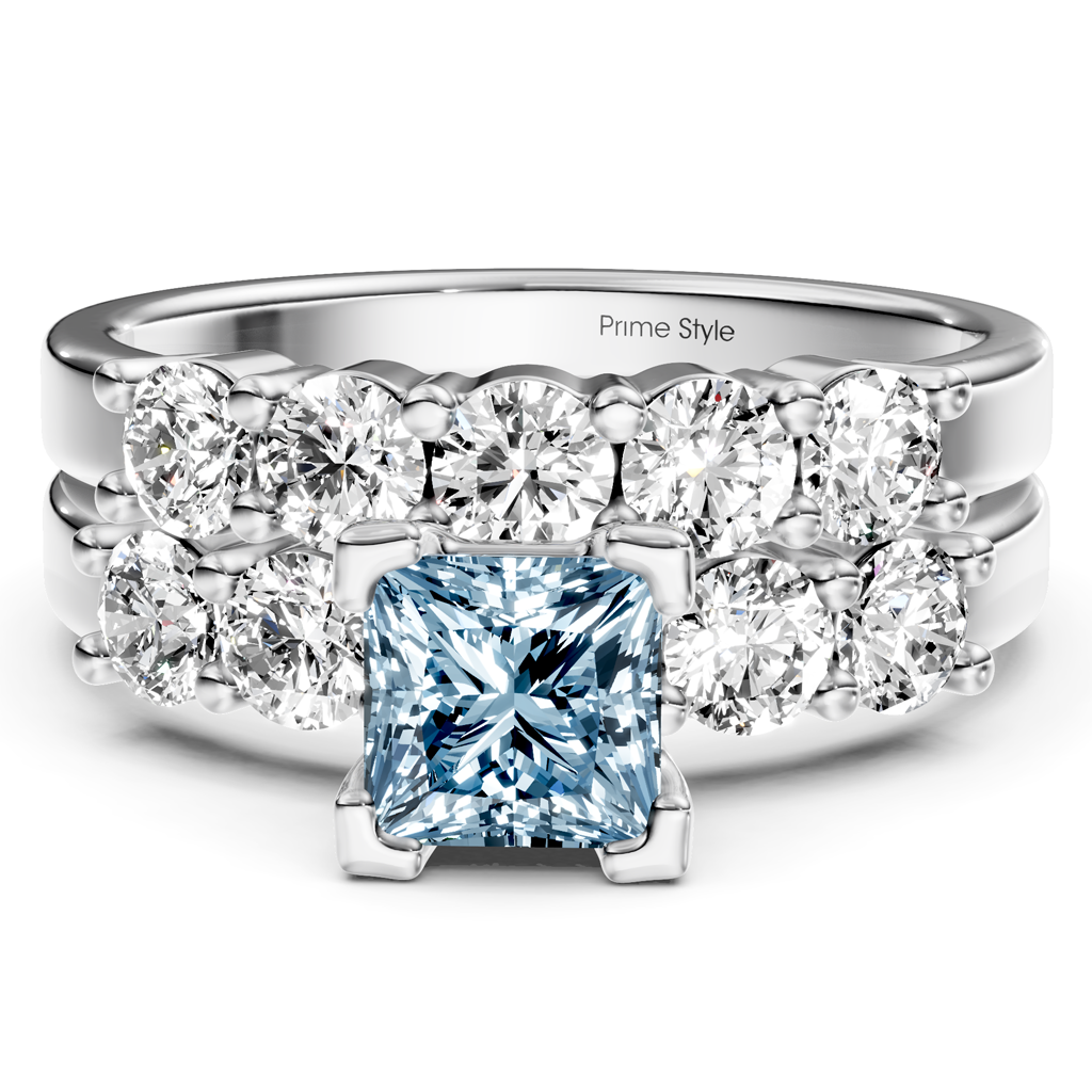 2.40-5.40 CT Princess &amp; Round Cut Fancy Blue Diamonds - Bridal Set