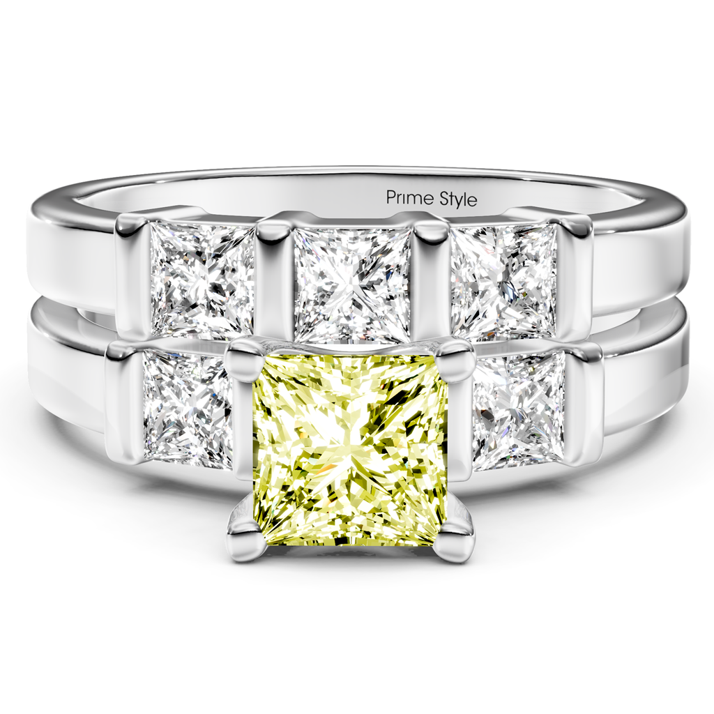 2.55-5.55 CT Princess Cut Fancy Yellow Diamonds - Bridal Set