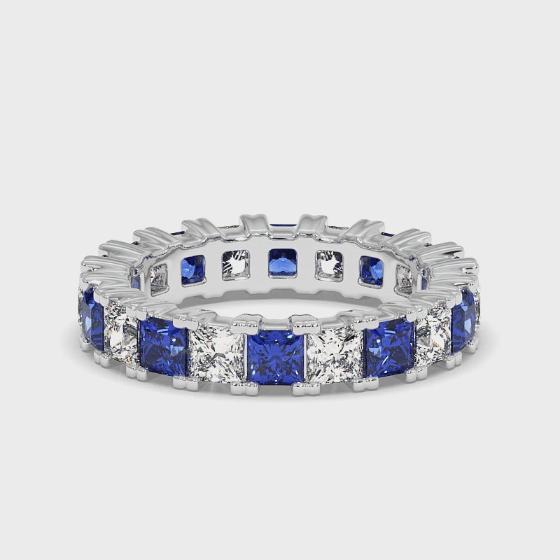 Exquisite 4.70CT Princess cut Diamonds and Blue Sapphires Eternity Ring in 18KT White Gold