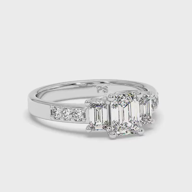 1.70-1.90 CT Round &amp; Emerald Cut Diamonds - Three Stone Ring