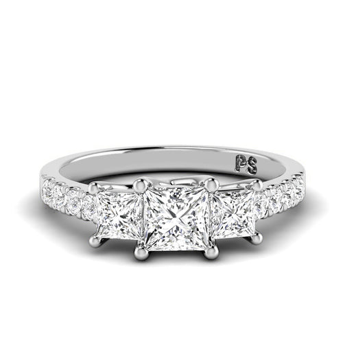 1.10 CT Round & Princess Cut Diamonds - Three Stone Ring