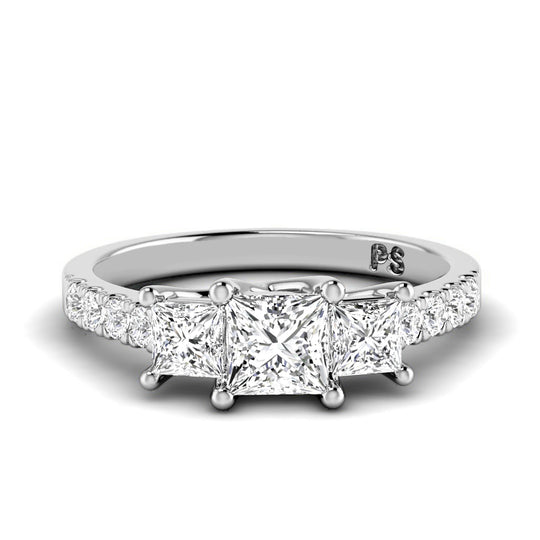 1.10 CT Round & Princess Cut Diamonds - Three Stone Ring