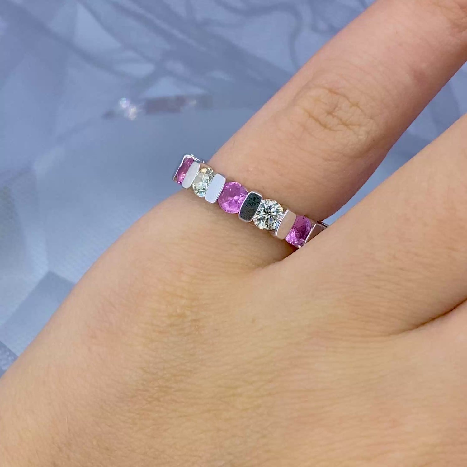 Radiant 3.20CT Round Cut Diamond and Pink Sapphire Eternity Ring in Platinum