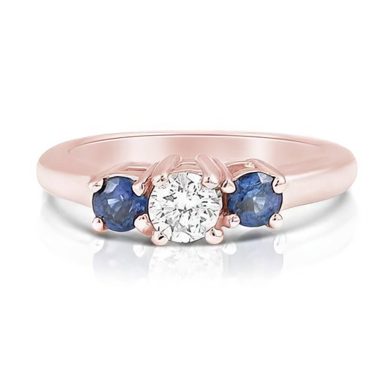 0.90 CT Round Cut Blue Sapphires &amp; Diamonds - Three Stone Ring - Primestyle.com