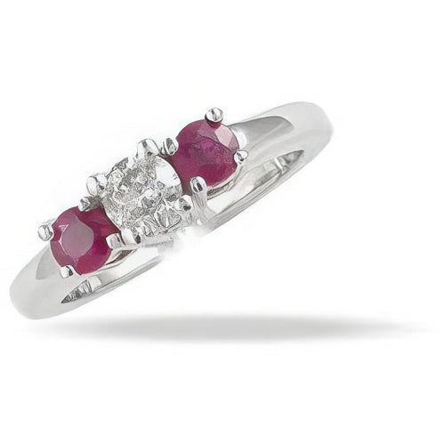 0.90 CT Round Cut Rubies & Diamonds - Three Stone Ring - Primestyle.com