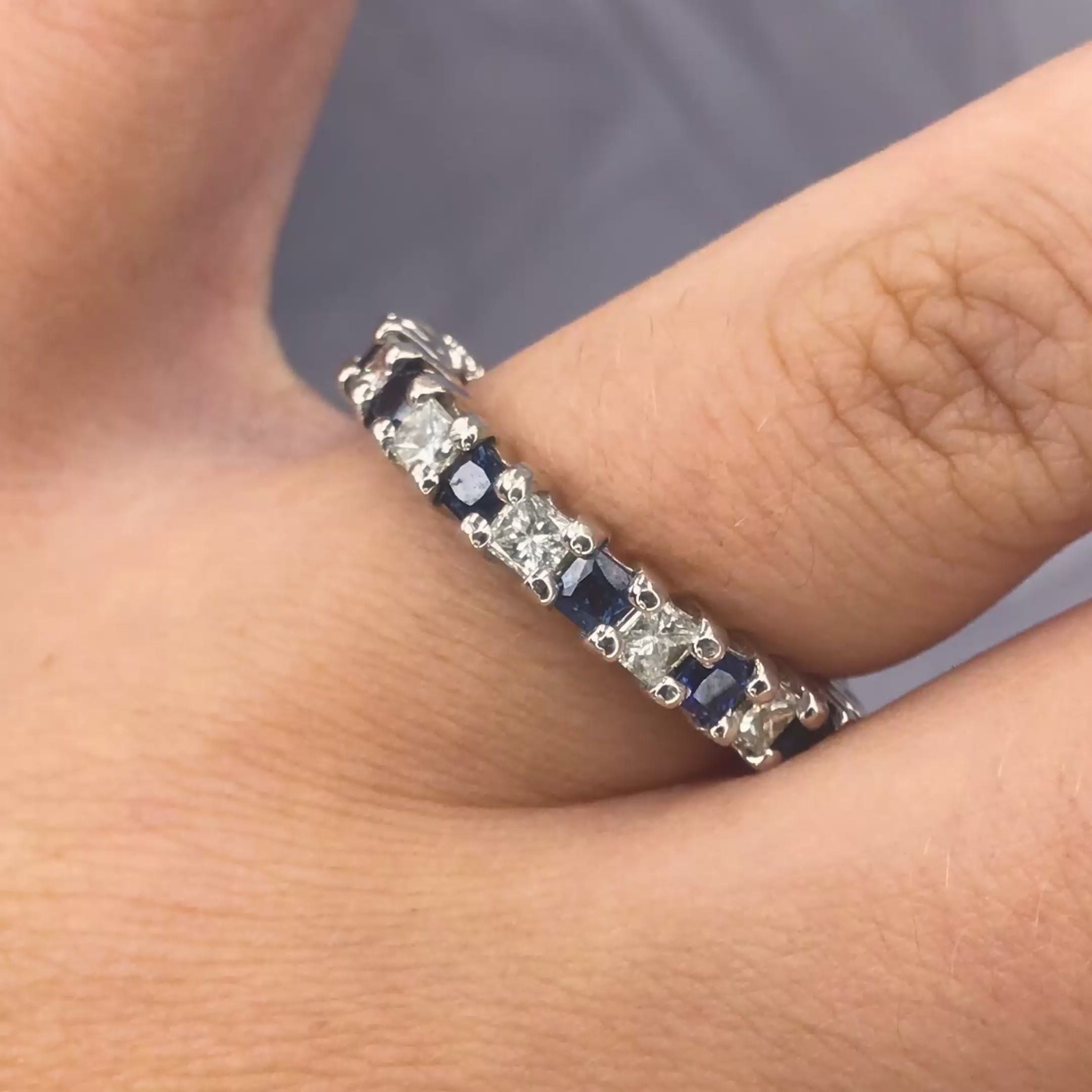 Reduced 3.40 CT Princess Cut Blue Sapphire and Diamond Eternity Ring in 14 KT White Gold