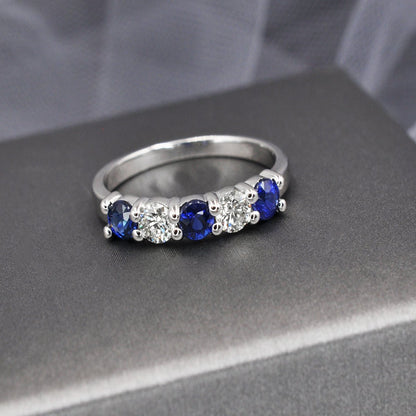 1.00 CT Round Cut Blue Sapphires &amp; Diamonds - Wedding Band - Primestyle.com