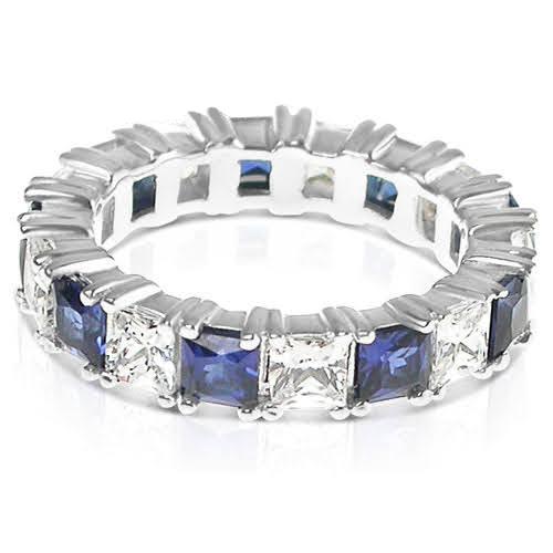 4.70 CT Princess Cut Blue Sapphires & Diamonds - Eternity Ring - Primestyle.com