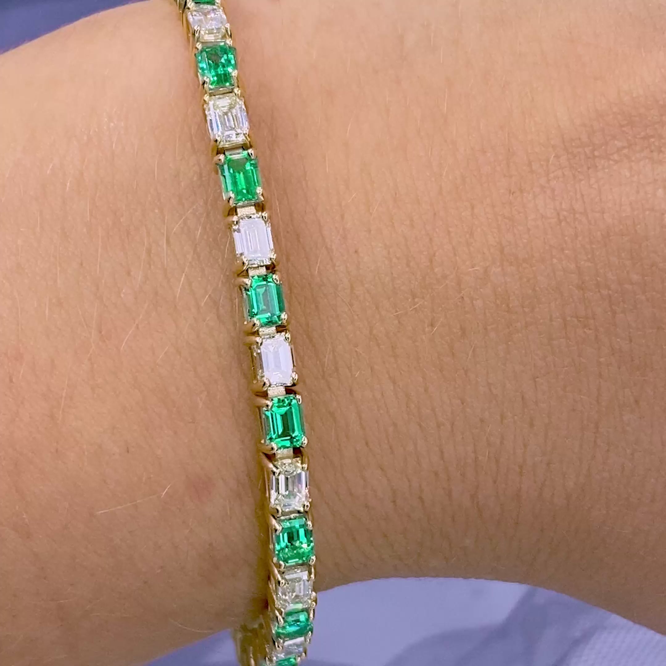 Extravagant 8.00CT Emerald Cut Diamond and Green Emerald Tennis Bracelet in 14KT Yellow Gold