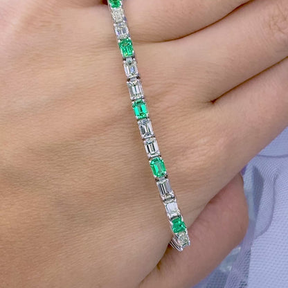 Luxurious 7.50CT Emerald Cut Diamond and Green Emerald Tennis Bracelet in 14KT White Gold