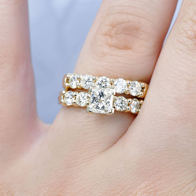 Bargain 2.00CT Princess and Round cut Diamond Bridal Set in 14KT Yellow Gold