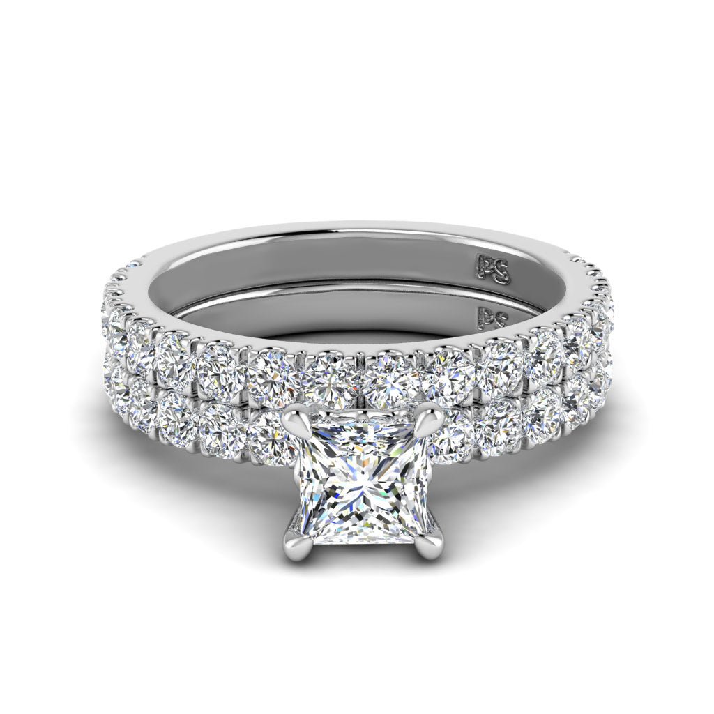 Brilliant 1.95CT Princess and Round cut Diamond Bridal Set in 14KT White Gold - Primestyle.com