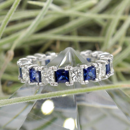 Brilliant 4.70CT Princess cut Diamonds and Blue Sapphires Eternity Ring in Platinum - Primestyle.com