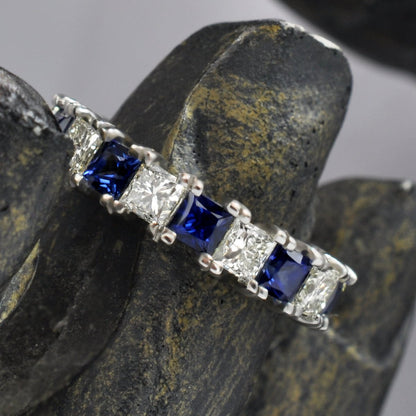 Brilliant 4.70CT Princess cut Diamonds and Blue Sapphires Eternity Ring in Platinum - Primestyle.com