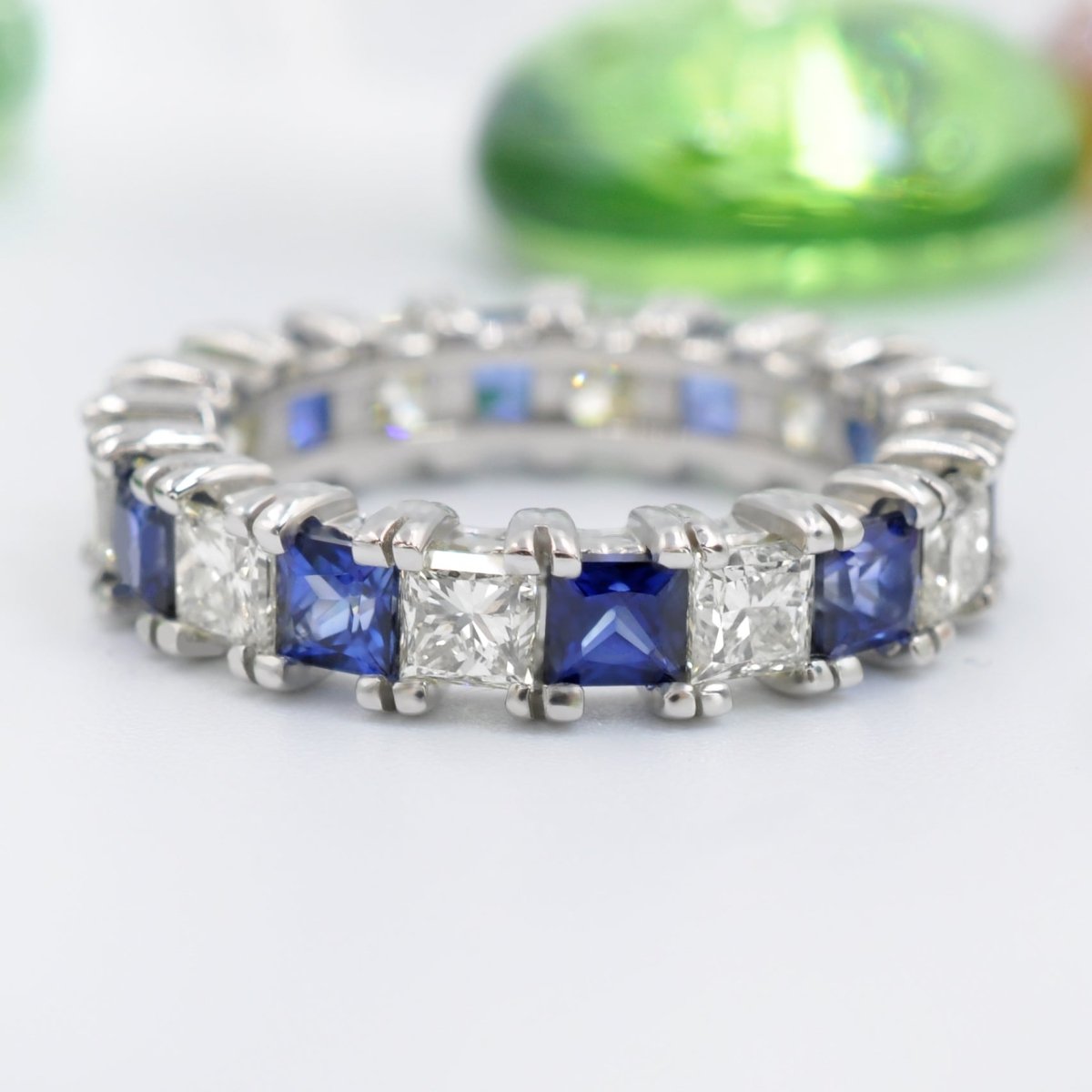 Brilliant 4.70CT Princess cut Diamonds and Blue Sapphires Eternity Ring in Platinum - Primestyle.com