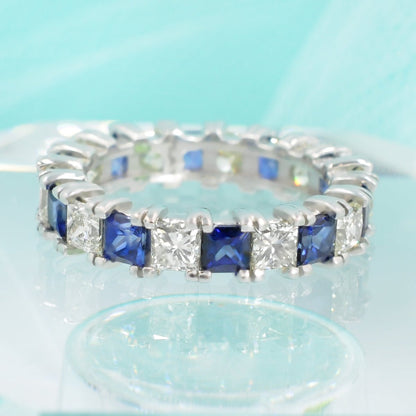 Brilliant 4.70CT Princess cut Diamonds and Blue Sapphires Eternity Ring in Platinum - Primestyle.com