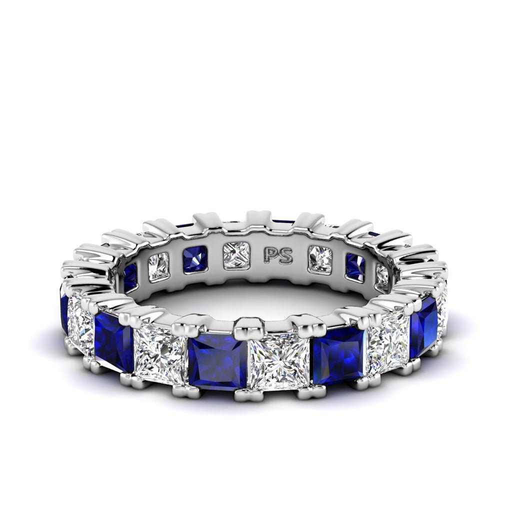 Brilliant 4.70CT Princess cut Diamonds and Blue Sapphires Eternity Ring in Platinum - Primestyle.com