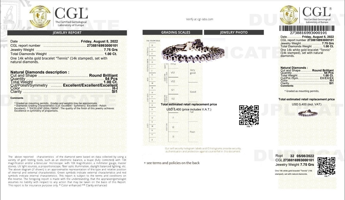 Certified 1.00CT Round Cut Diamond Tennis Bracelet in 14KT White Gold - Primestyle.com