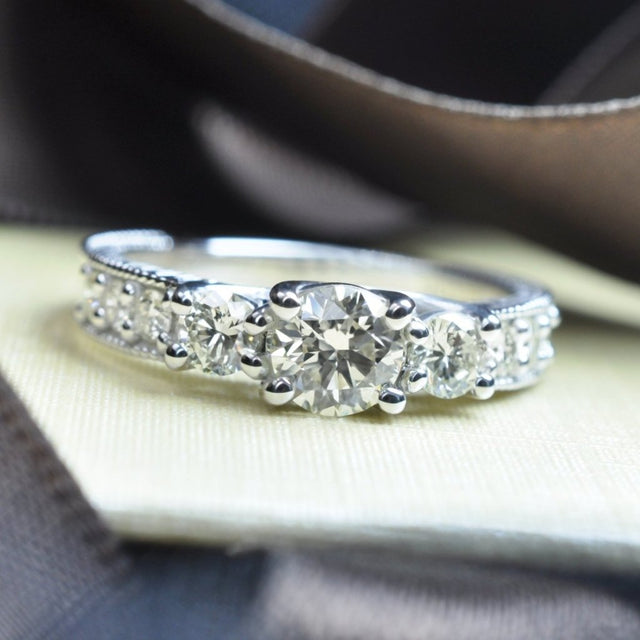 Certified 1.55 CT Round Cut Diamond Three Stone Ring in 14 KT White Gold