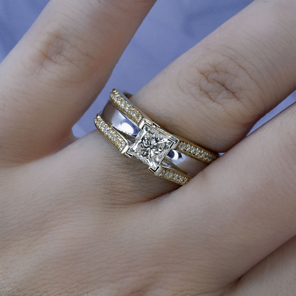 Certified 1.60CT Princess and Round Cut Diamond Engagement Ring in 18KT Two Tone Gold - Primestyle.com