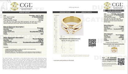 Certified 1.60CT Princess and Round Cut Diamond Engagement Ring in 18KT Two Tone Gold - Primestyle.com