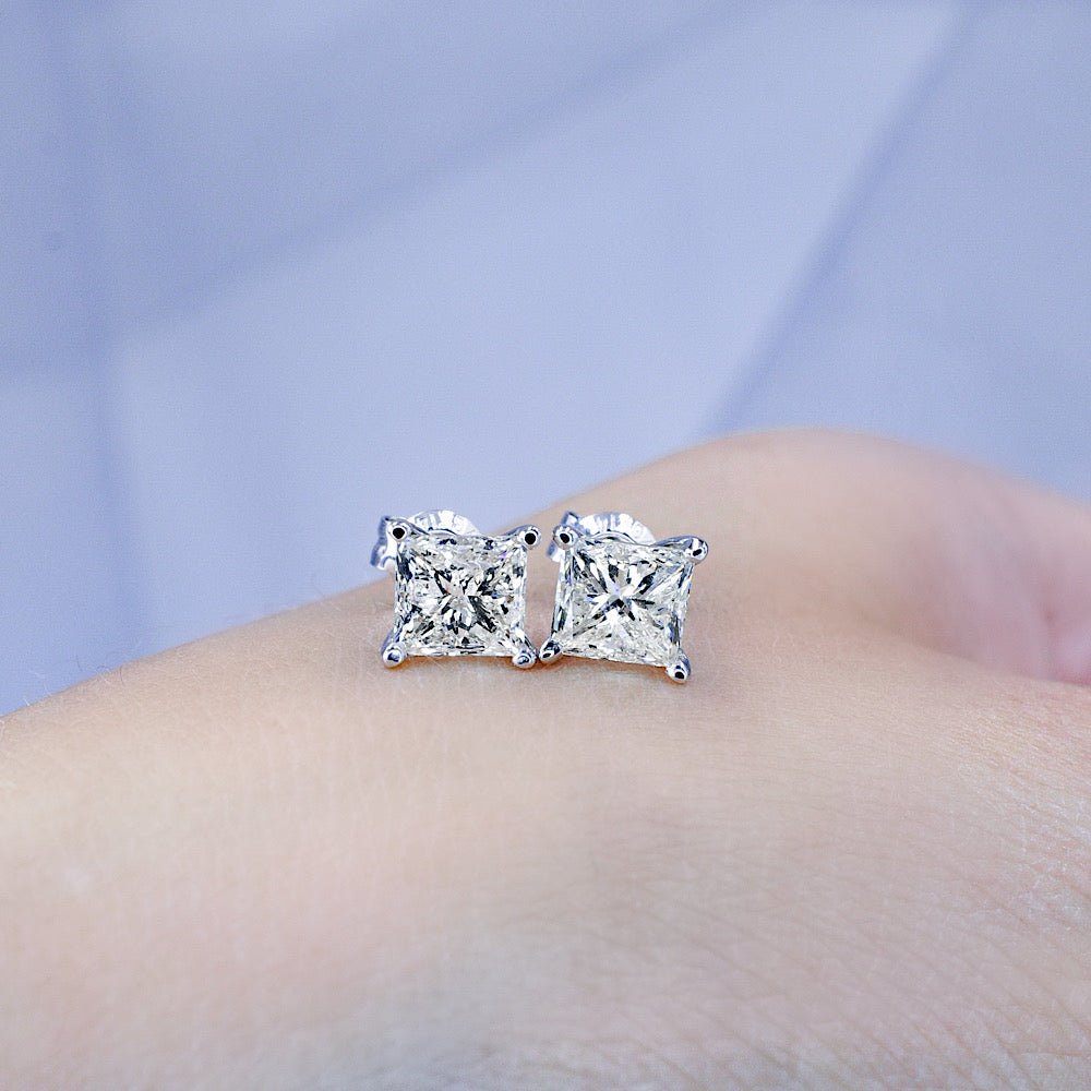 Certified 2.00CT Princess Cut Diamond Stud Earrings in 14KT White Gold - Primestyle.com