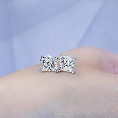 Certified 2.00CT Princess Cut Diamond Stud Earrings in 14KT White Gold - Primestyle.com