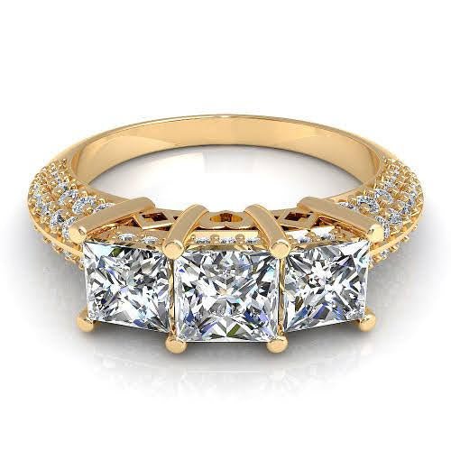 Certified 2.25 CT Princess And Round Cut Diamond Three Stone Ring in 18 KT Yellow Gold - Primestyle.com