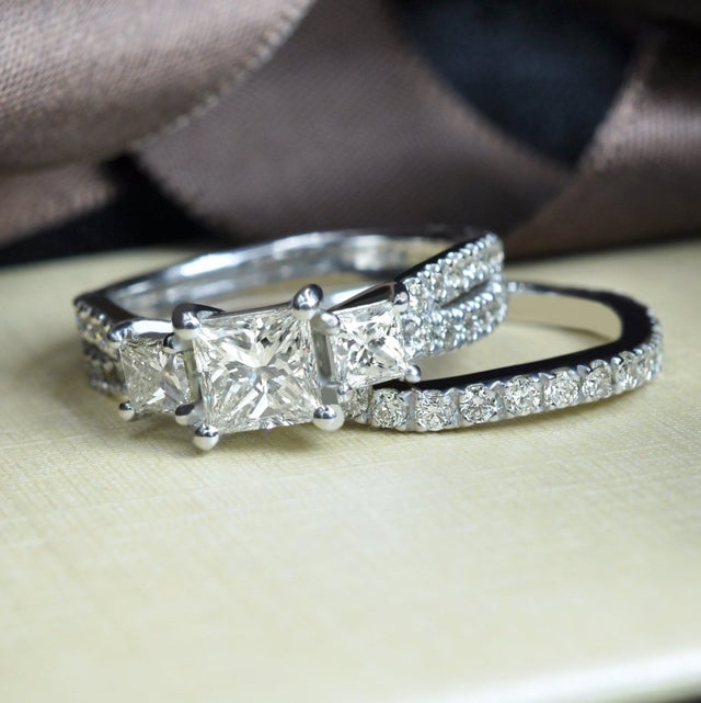 Certified 2.30 CT Round and Princess Cut Diamond Bridal Set in Platinum