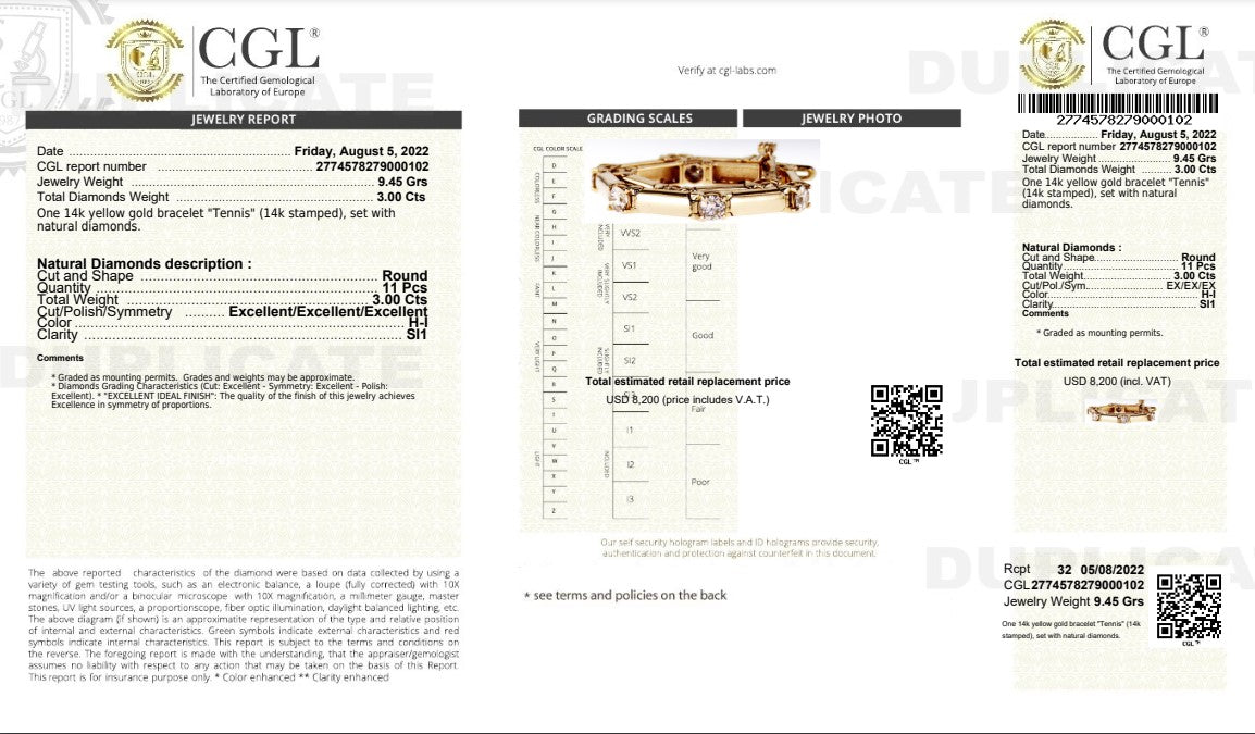 Certified 3.00CT Round Cut Diamond Tennis Bracelet in 14KT Yellow Gold - Primestyle.com