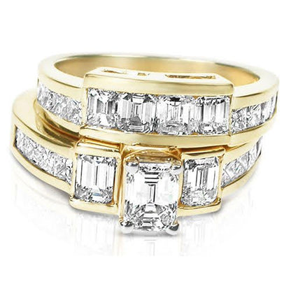 Certified 3.90CT Emerald and Princess Cut Diamond Bridal Set in 14KT Yellow Gold - Primestyle.com