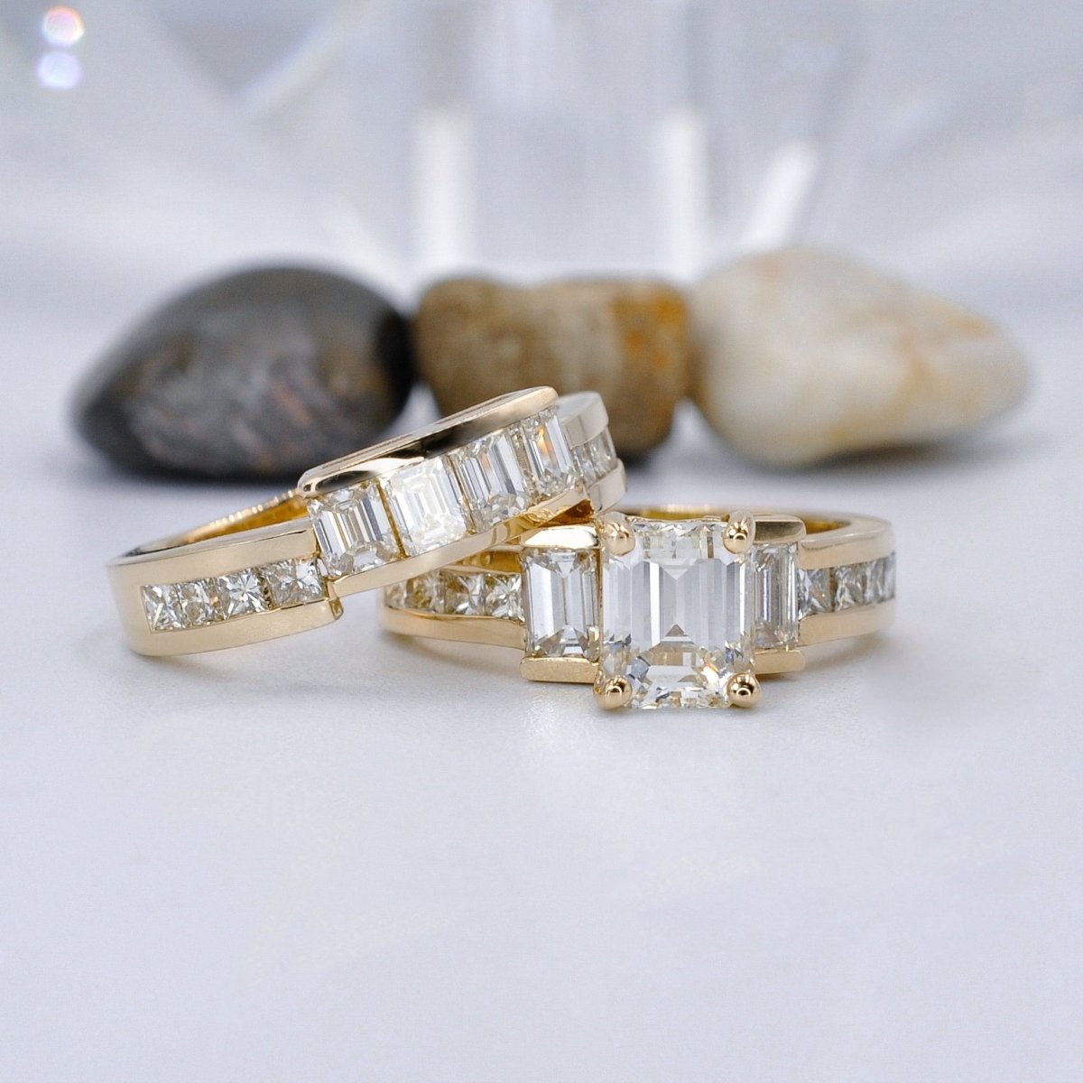 Certified 3.90CT Emerald and Princess Cut Diamond Bridal Set in 14KT Yellow Gold - Primestyle.com