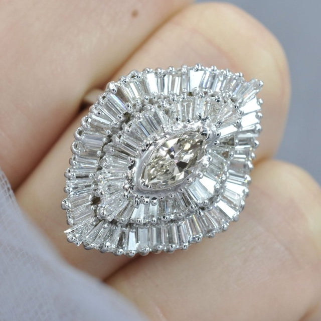 Certified 4.45CT Marquise and Baguette Cut Diamond Engagement Ring in 14KT White Gold
