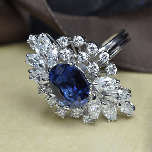 Certified 6.30CT Oval, Round, and Marquise Cut Diamond and Blue Sapphire Engagement Ring in 18KT White Gold - Primestyle.com
